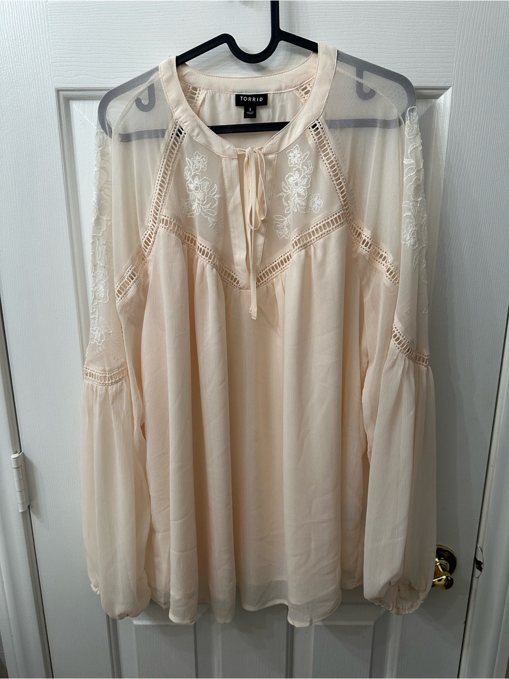 Torrid Top Embroidered Blouse Sheer Long Sleeve Cream Tie-Front 1X